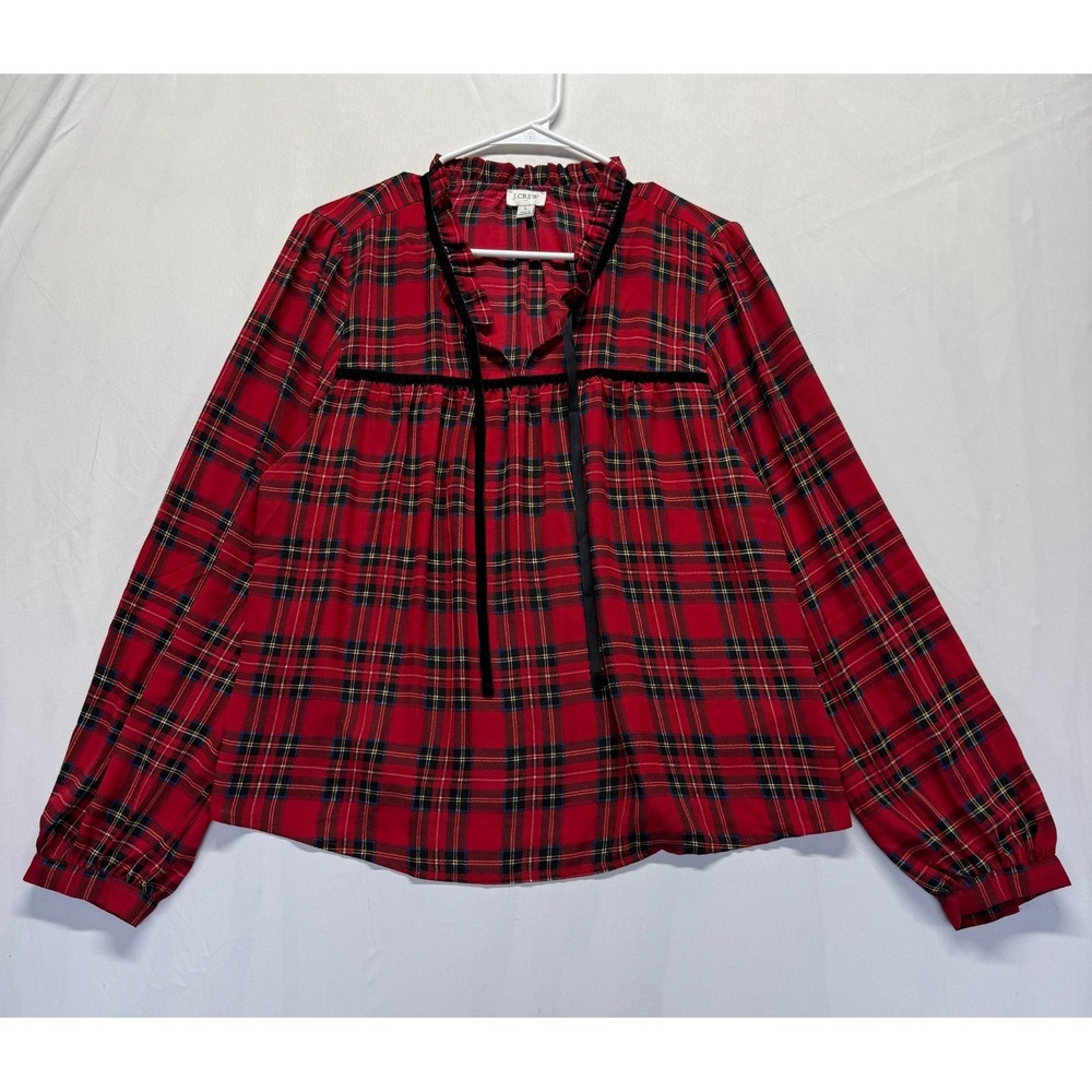 J.Crew Blouse Top Women Large Red Multi Tartan Plaid Ruffle Trim Velvet Tie Neck